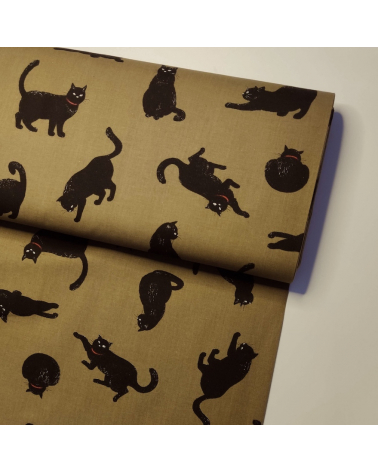 Japanese Fabric 'Cats' over kaki green background.