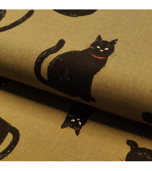 Tela japonesa "Gatos" en verde kaki.
