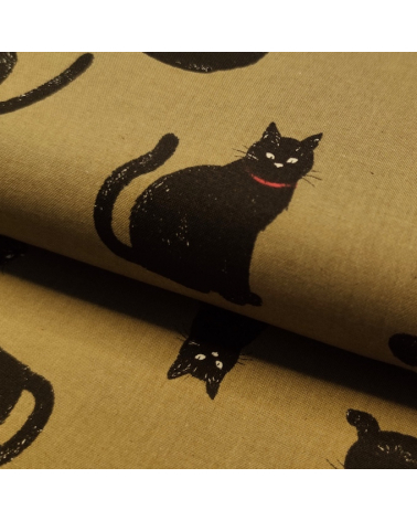 Tela japonesa "Gatos" en verde kaki.