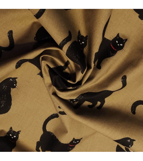 Tela japonesa "Gatos" en verde kaki.