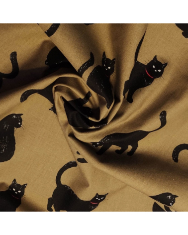 Tela japonesa "Gatos" en verde kaki.