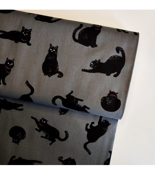 Tela japonesa "Gatos" en gris oscuro.
