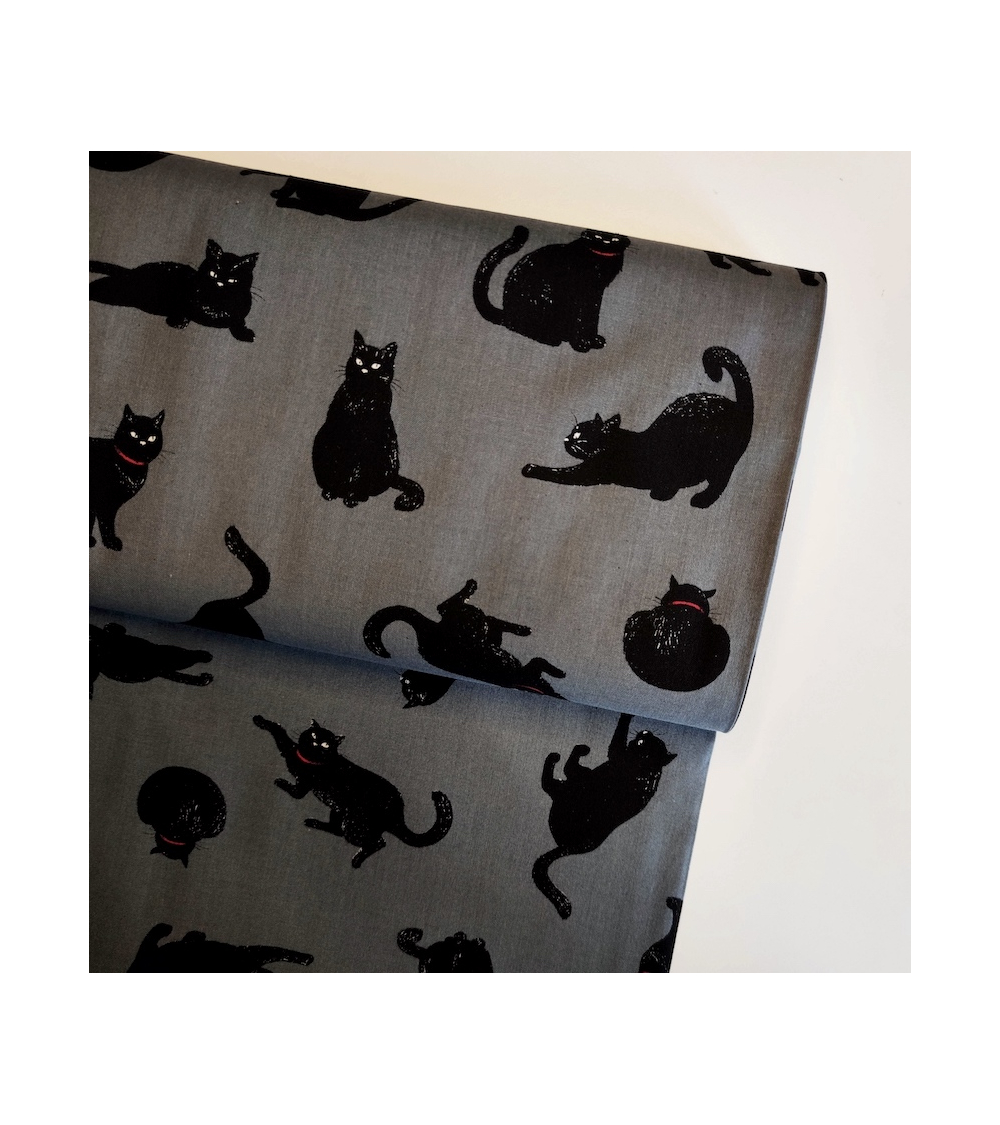 Tela japonesa "Gatos" en gris oscuro.