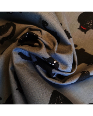 Tela japonesa "Gatos" en gris oscuro.