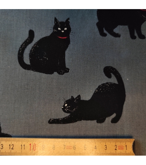 Tela japonesa "Gatos" en gris oscuro.
