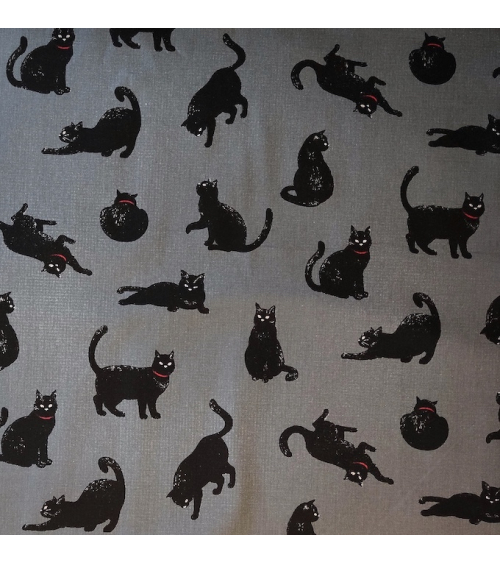 Tela japonesa "Gatos" en gris oscuro.