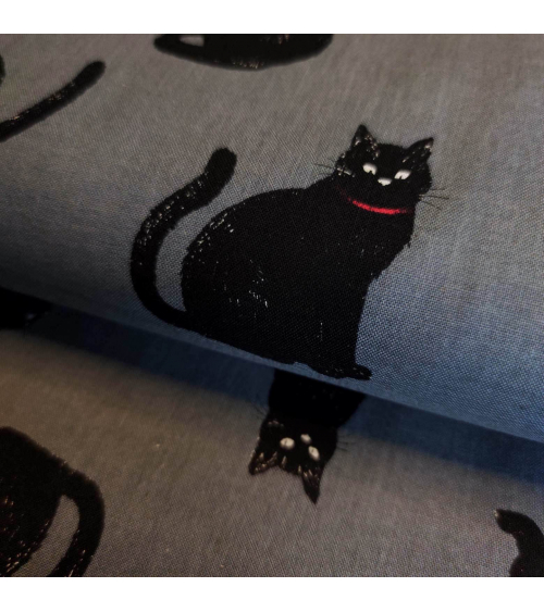 Tela japonesa "Gatos" en gris oscuro.