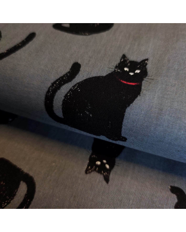 Tela japonesa "Gatos" en gris oscuro.
