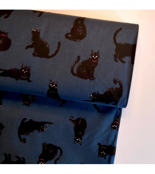 Tela japonesa "Gatos" en azul plomo.