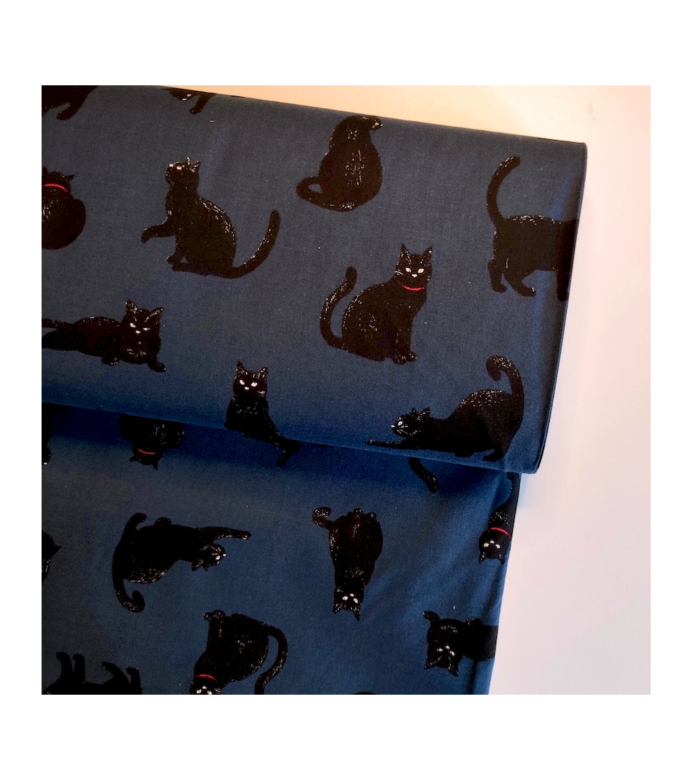 Tela japonesa "Gatos" en azul plomo.