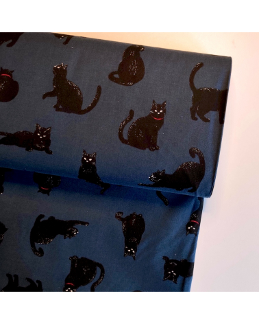 Tela japonesa "Gatos" en azul plomo.