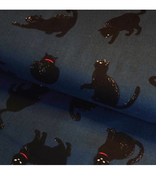 Tela japonesa "Gatos" en azul plomo.