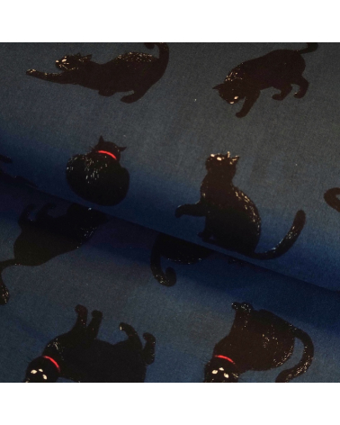 Tela japonesa "Gatos" en azul plomo.