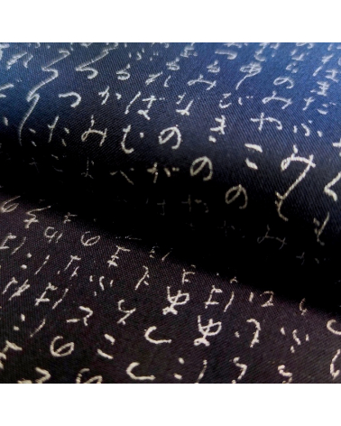 Japanese fabric. Hiragana in silver over navy blue.