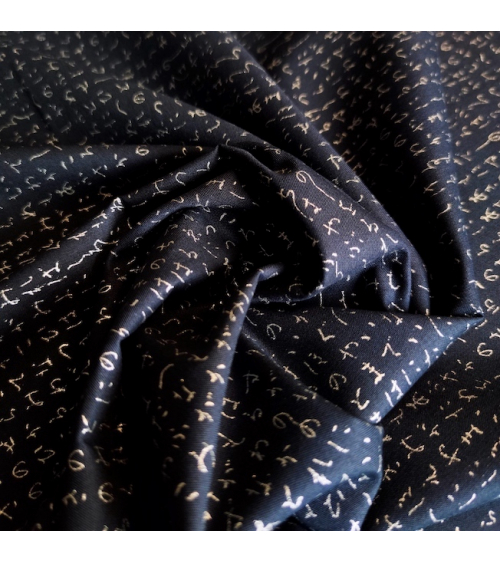 Japanese fabric. Hiragana in silver over navy blue.