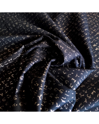 Japanese fabric. Hiragana in silver over navy blue.