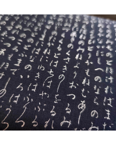 Japanese fabric. Hiragana in silver over navy blue.