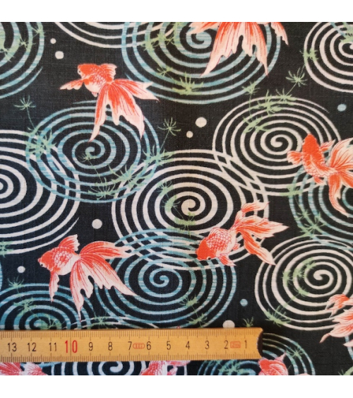 Japanese dobby fabric 'Kingyo' (goldfish) in dark green.