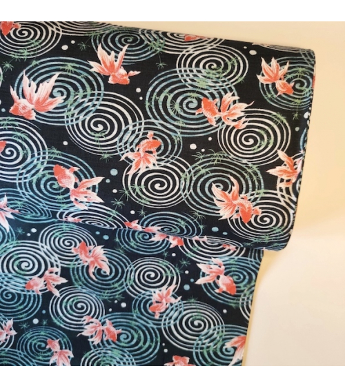 Japanese dobby fabric 'Kingyo' (goldfish) in dark green.