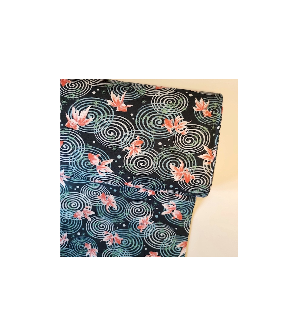 Japanese dobby fabric 'Kingyo' (goldfish) in dark green.