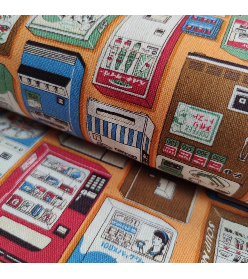 Tela japonesa Oxford fino "Vending machines" con fondo naranja.