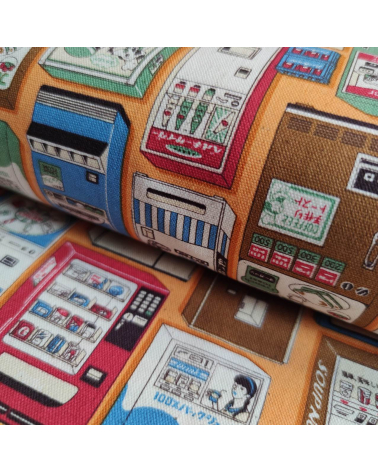 Tela japonesa Oxford fino "Vending machines" con fondo naranja.