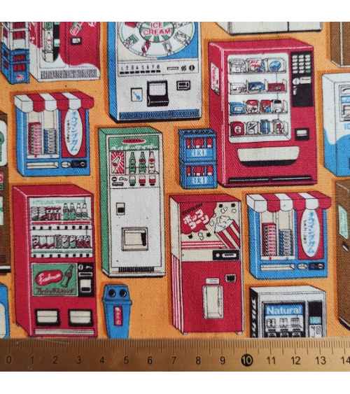Tela japonesa Oxford fino "Vending machines" con fondo naranja.