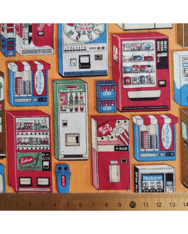 Tela japonesa Oxford fino "Vending machines" con fondo naranja.