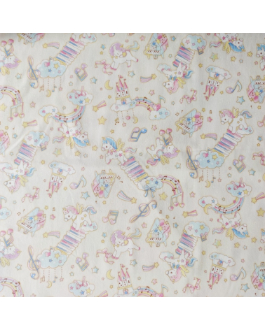 Tela japonesa Oxford fino "Unicornios musicales" con fondo vainilla.