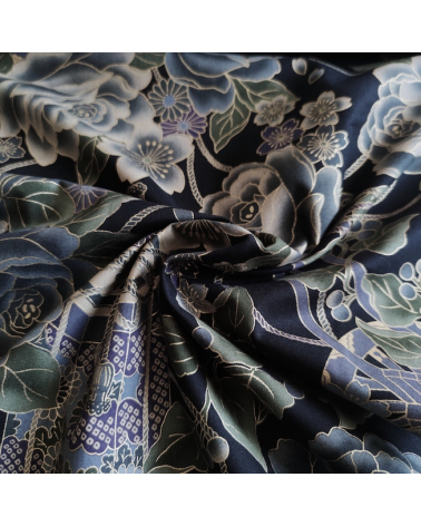 Japanese cotton fabric. Bluish roses over black.