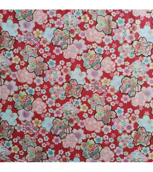 Japanese fabric 'Flowers fantasy' in red in cotton chirimen.