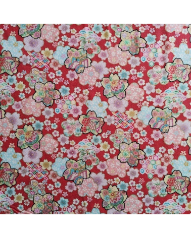 Japanese fabric 'Flowers fantasy' in red in cotton chirimen.