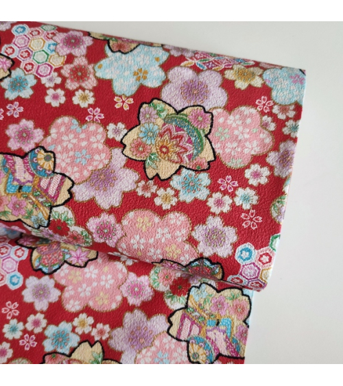 Tela Japonesa fantasía floral roja en chirimen de algodón.
