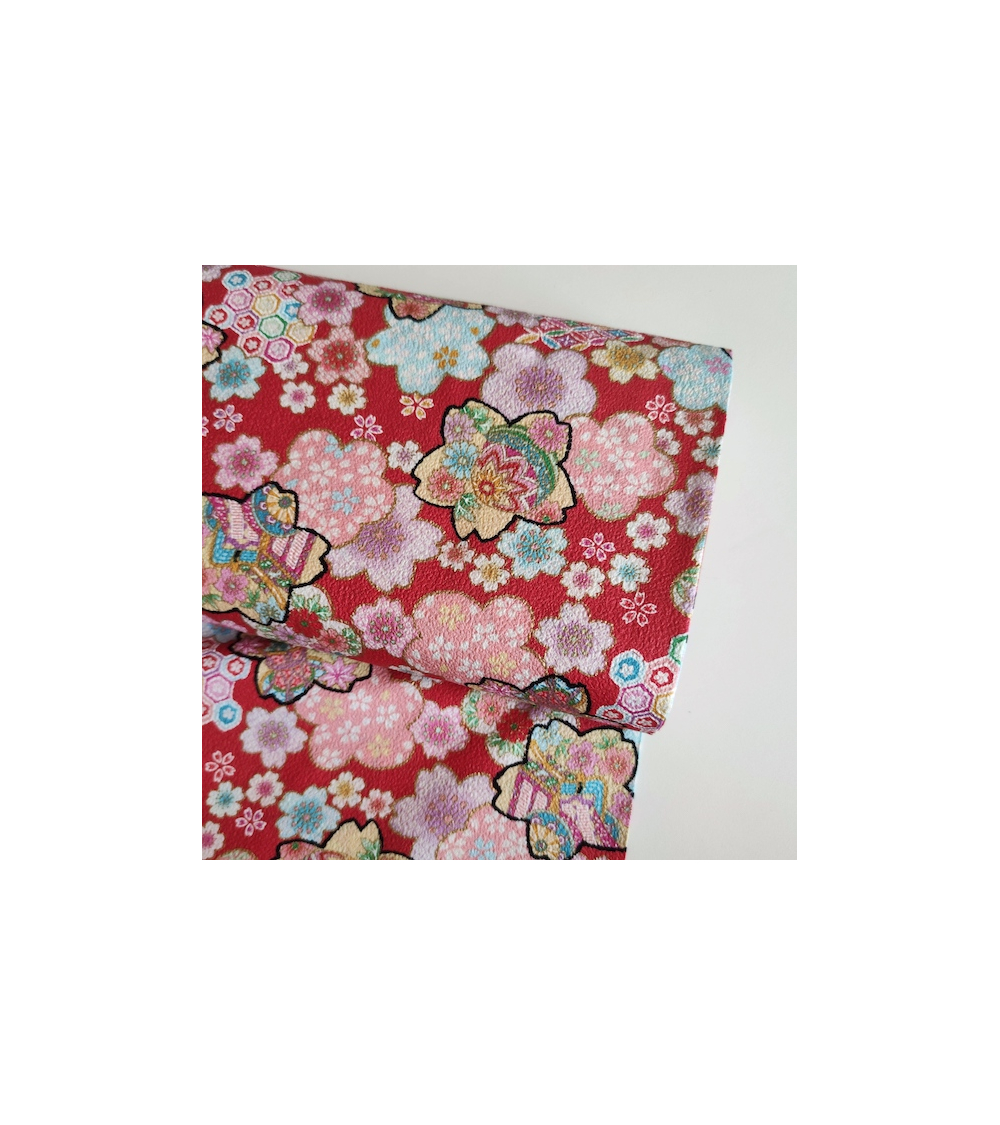 Tela Japonesa fantasía floral roja en chirimen de algodón.