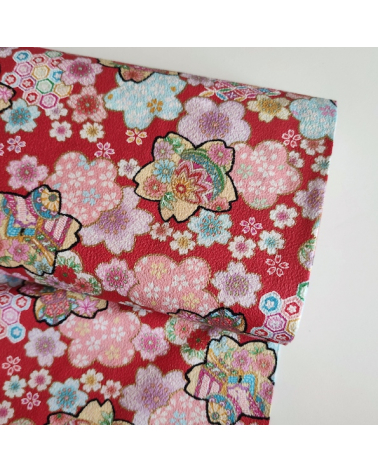 Tela Japonesa fantasía floral roja en chirimen de algodón.