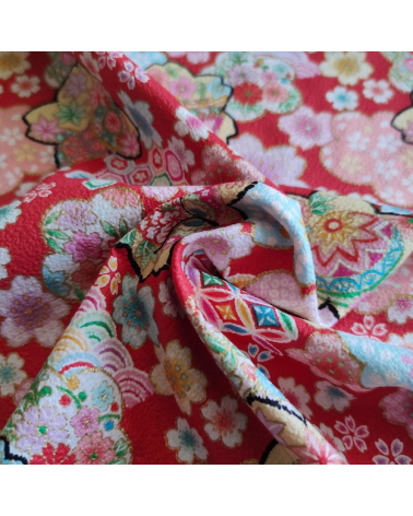 Japanese fabric 'Flowers fantasy' in red in cotton chirimen.