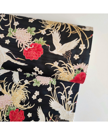 Japanese cotton satin slub fabric "Tsuru to kiku" in black.