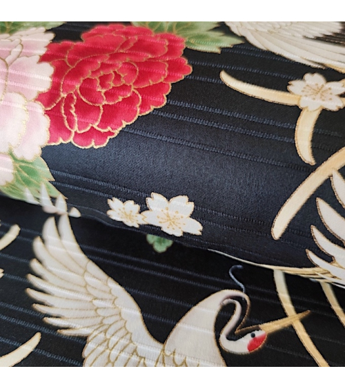 Japanese cotton satin slub fabric "Tsuru to kiku" in black.