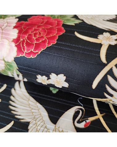 Japanese cotton satin slub fabric "Tsuru to kiku" in black.