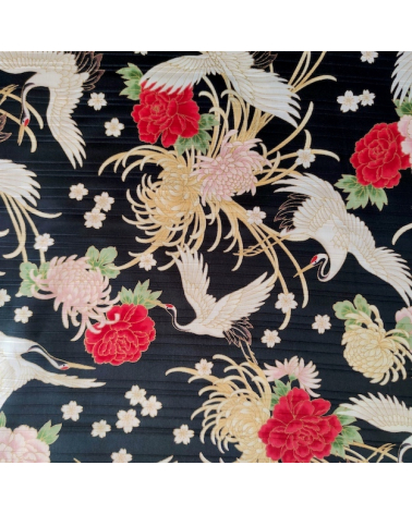 Japanese cotton satin slub fabric "Tsuru to kiku" in black.