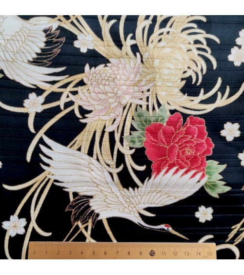 Japanese cotton satin slub fabric "Tsuru to kiku" in black.