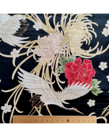 Japanese cotton satin slub fabric "Tsuru to kiku" in black.