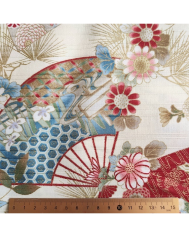 Japanese 100% cotton satin slub fabric "Sensu to matsu" (fans and pines) in ivory.