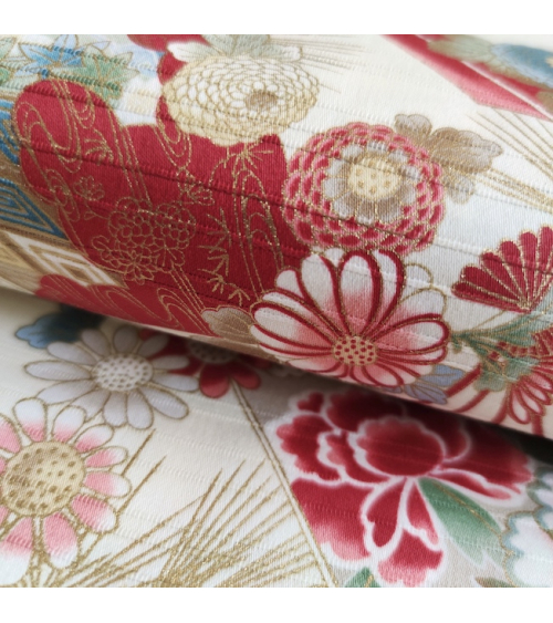 Tela japonesa en Satin de algodón "Sensu to matsu" (Abanicos y pinos) en marfil.