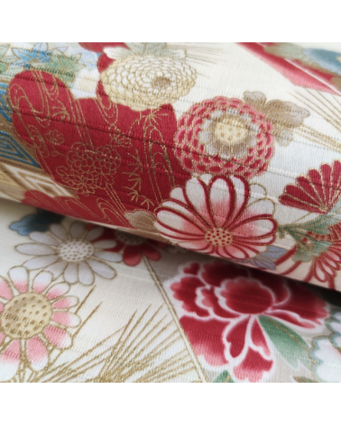 Tela japonesa en Satin de algodón "Sensu to matsu" (Abanicos y pinos) en marfil.
