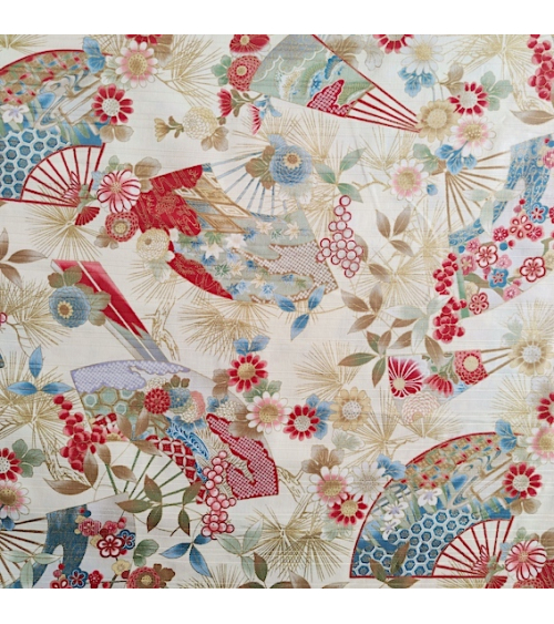 Tela japonesa en Satin de algodón "Sensu to matsu" (Abanicos y pinos) en marfil.