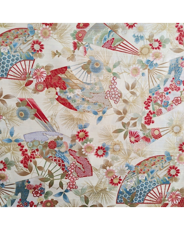 Tela japonesa en Satin de algodón "Sensu to matsu" (Abanicos y pinos) en marfil.