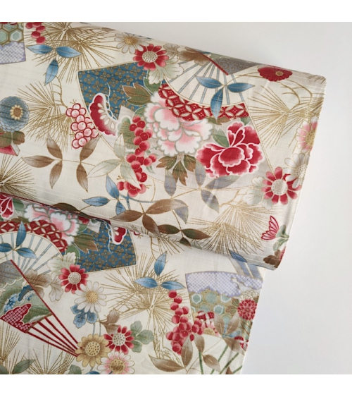 Japanese 100% cotton satin slub fabric "Sensu to matsu" (fans and pines) in ivory.