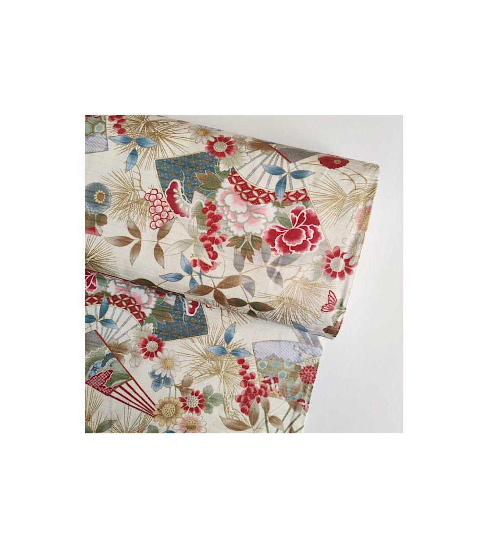 Japanese 100% cotton satin slub fabric "Sensu to matsu" (fans and pines) in ivory.