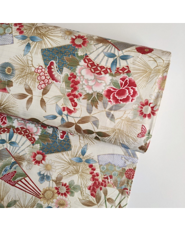 Japanese 100% cotton satin slub fabric "Sensu to matsu" (fans and pines) in ivory.